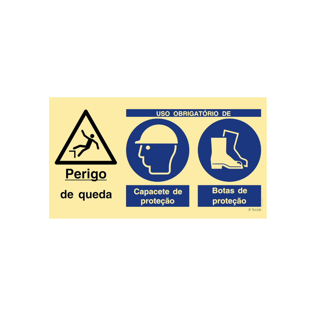 Sinalética Perigo de Queda/Uso Obrigatório de Capacete e Botas de Proteção – OB0403