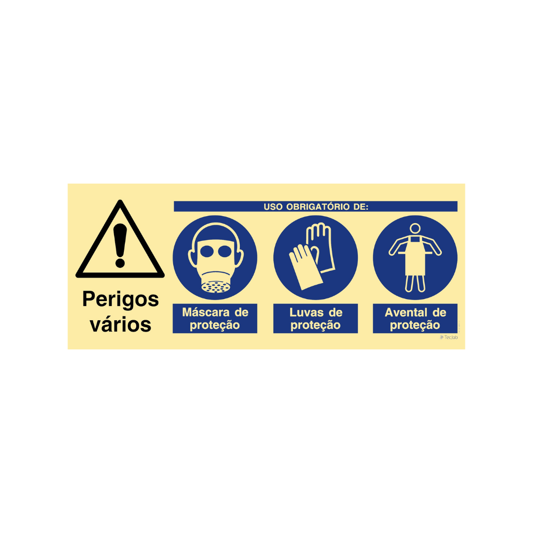 Sinalética Perigos Vários/Uso Obrigatório de Máscara, Luvas e Avental de Proteção – OB0463