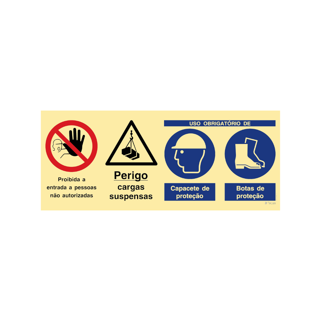 Sinalética Proibida a Entrada a Pessoas Não Autorizadas/Perigo Cargas Suspensas/ Uso Obrigatório de Capacete e Botas de Proteção – OB0461