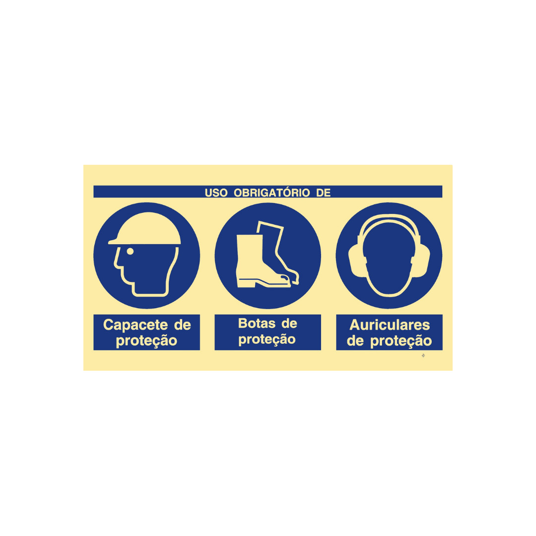 Sinalética Uso Obrigatório de Capacete, Botas e Auriculares de Proteção – OB0443